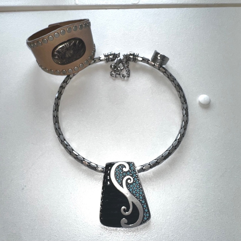 VTG Western Jewelry Lot Leather Studded Cuff Turquoise Accent Necklace Feather 3